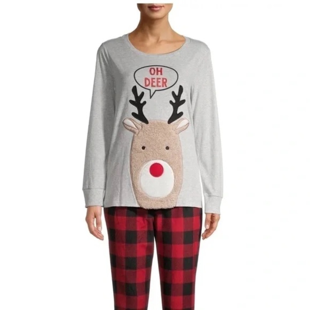 Holiday Time Gray Holiday Oh Deer! Reindeer Pajama Plaid Lounge Set